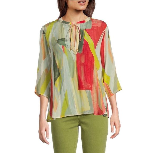APNY Woven Printed V-Neck 3/4 Sleeves Tie Front Silky Blouse New Small - Picture 1 of 8